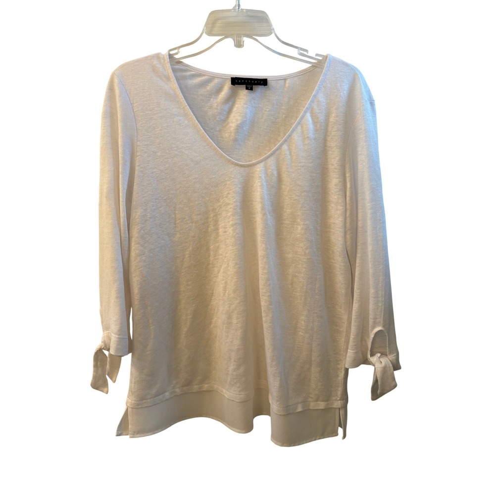 Sanctuary Womens White V-Neck Slub Knit Tie Sleeve Linen Blend Top Size S